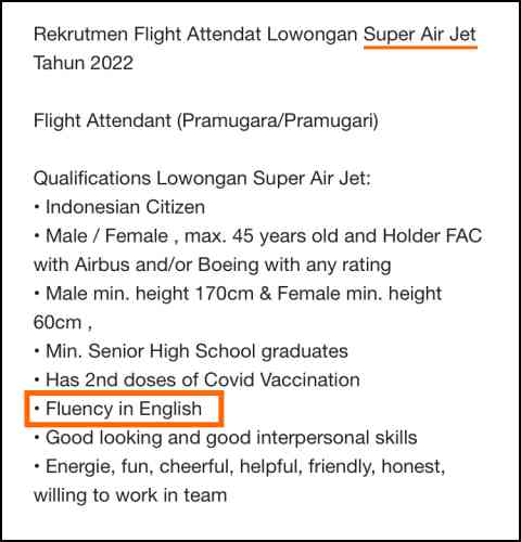 Lowongan kerja apakah jadi pramugari Super Air Jet harus bisa bahasa Inggris.